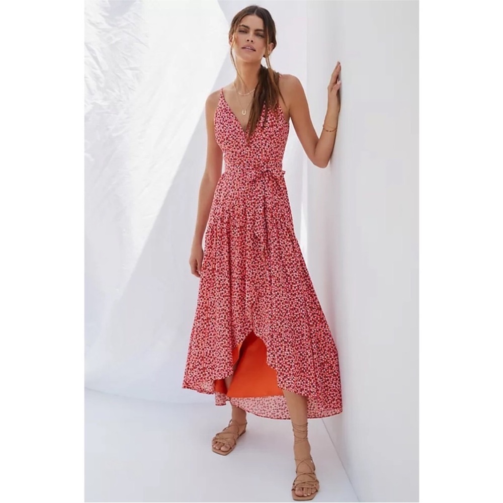 Anthropologie Red Floral Wrap Midi Dress